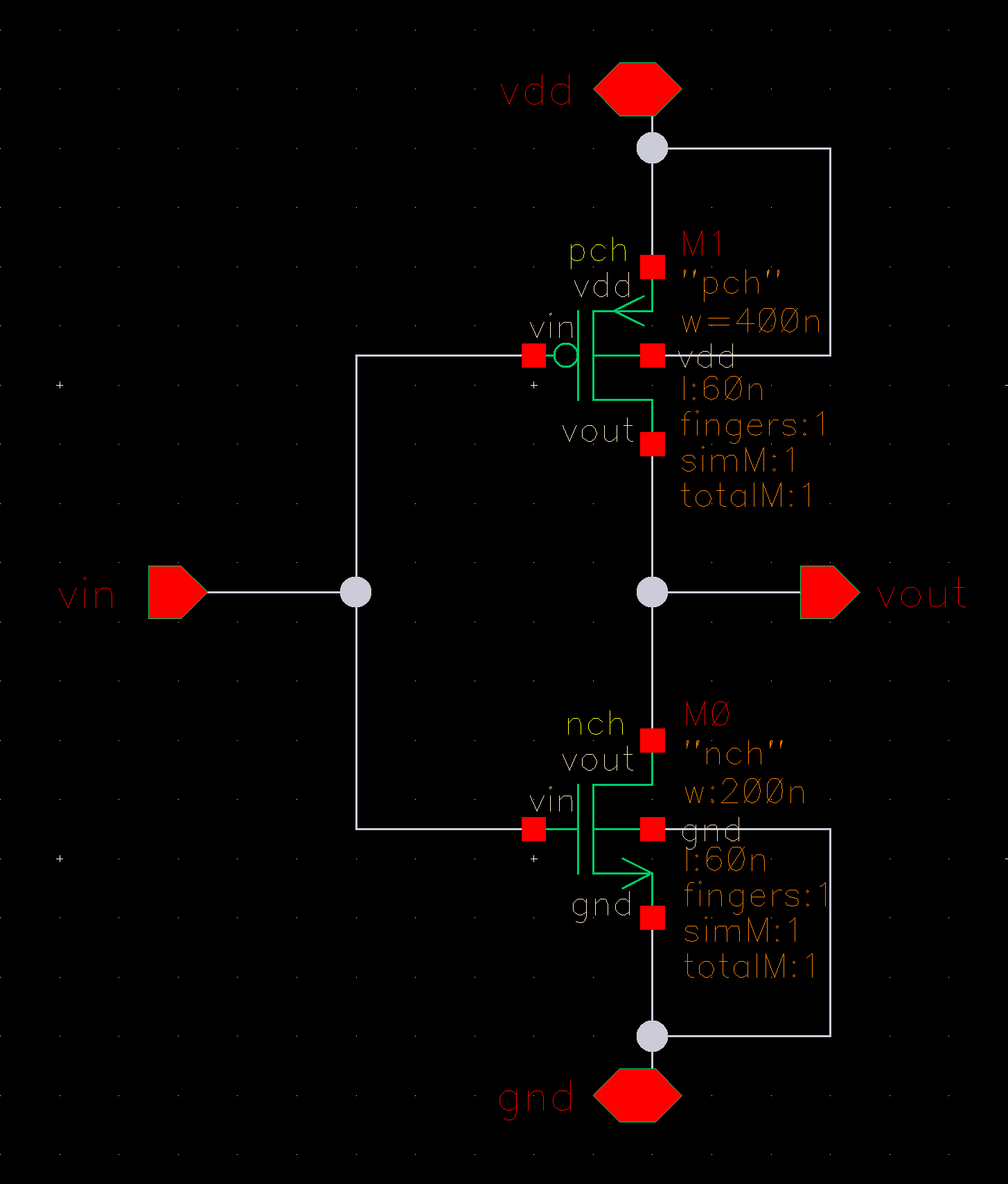CMOS inverter with a 400 nm PMOS above a 200 nm NMOS, joined gates and drains, and supply connections.
