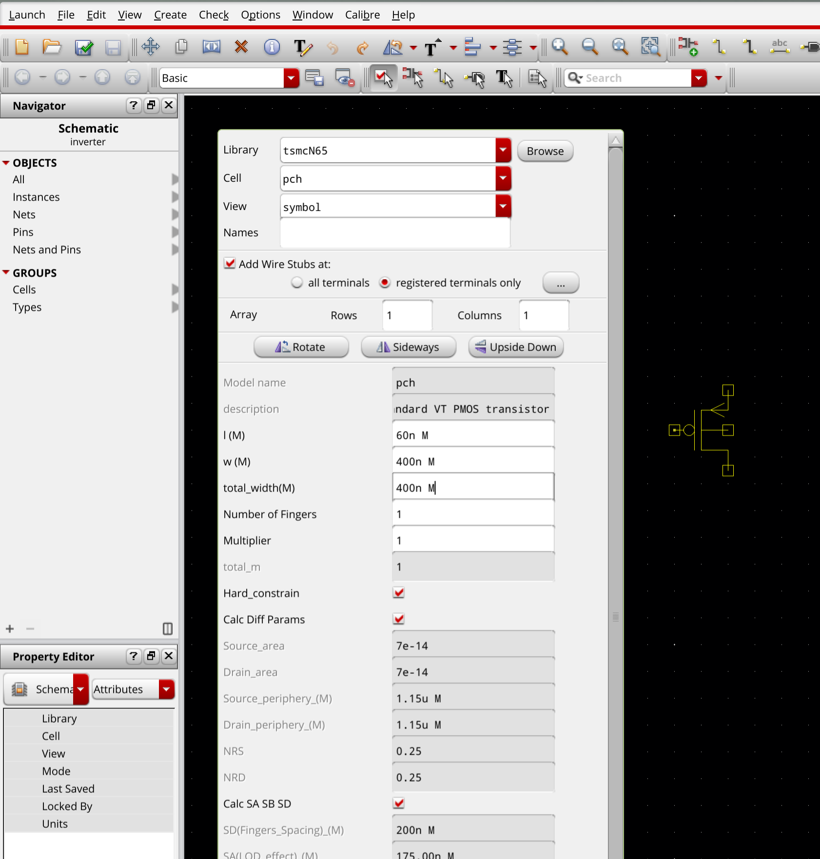 Transistor instance properties dialog.