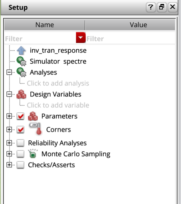 ADE Explorer setup tree showing Simulator spectre, Analyses, and Design Variables.