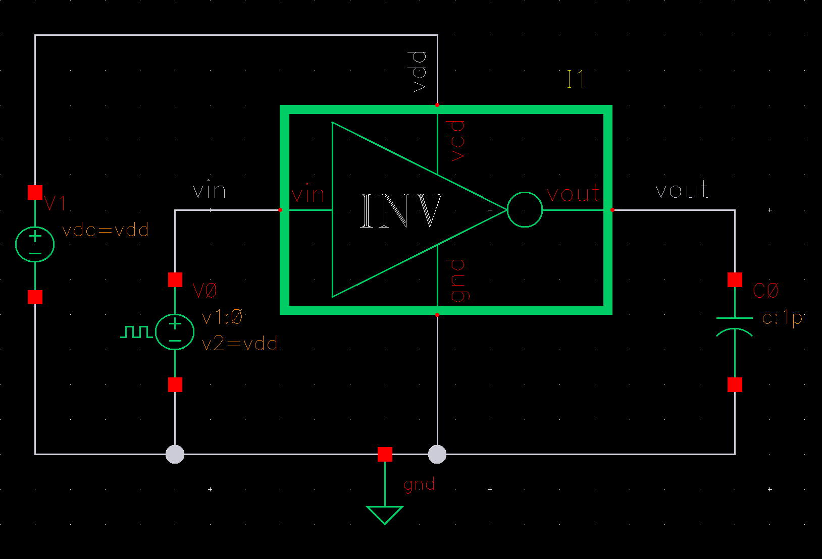 Inverter test circuit with a DC supply, pulse input, output capacitor, and common ground.